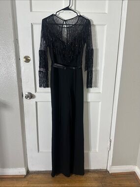 Vintage couture Black Beaded Fringe Long-Sleeve Jumpsuit